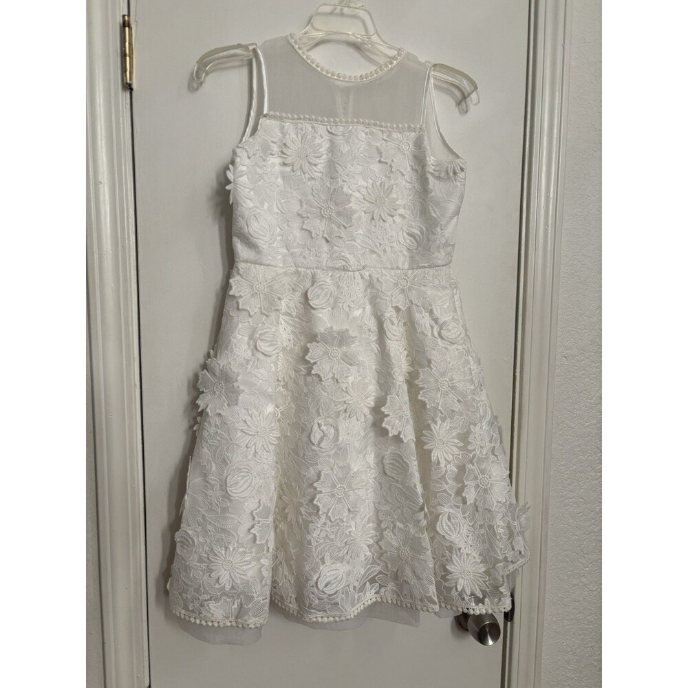 Chasing Fireflies White Dress Size 10 3D Floral Appliqués Mesh Neckline